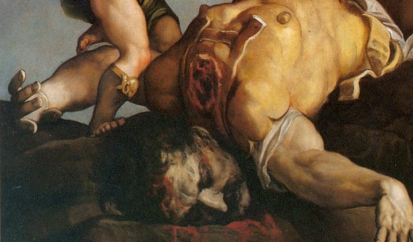 Målning av pojke och en manskropp med avhugget huvud